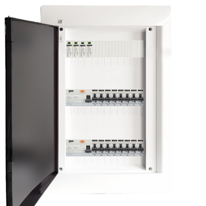 Sicherungskasten,3,4,5 Reihig, Aufputz, Unterputz, Hohlwand, verdrahtet, VDE 2 x FI 40A/30mA + 16 x 1P LS B16