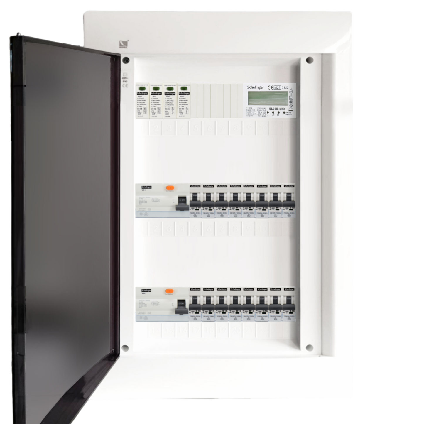 Sicherungskasten,3,4,5 Reihig, Aufputz, Unterputz, Hohlwand, verdrahtet, VDE 2 x FI 40A/30mA + 16 x 1P LS B16