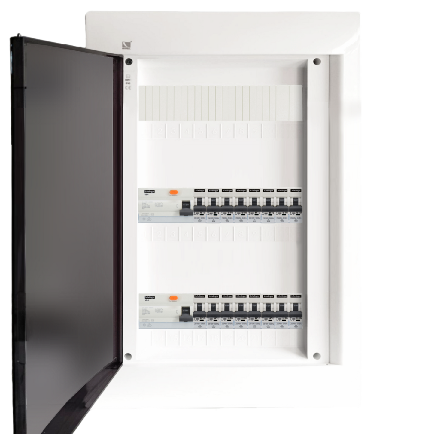 Sicherungskasten,3,4,5 Reihig, Aufputz, Unterputz, Hohlwand, verdrahtet, VDE 2 x FI 40A/30mA + 16 x 1P LS B16