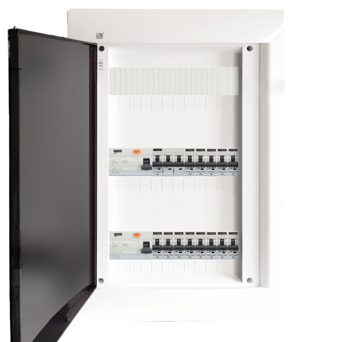 Sicherungskasten,3,4,5 Reihig, Aufputz, Unterputz, Hohlwand, verdrahtet, VDE 2 x FI 40A/30mA + 1 x 3P LS B16 + 13 x 1P LS B16