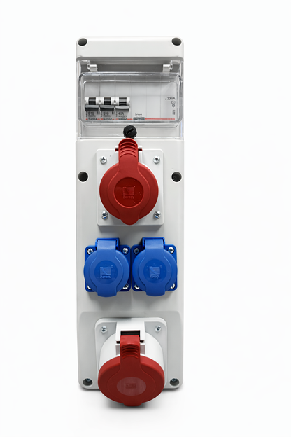 Baustromverteiler / Wandverteiler, verdrahtet, LEGRAND 16A/5P 32A/5P, FI/LS 40A 30mA, LS16A1P x 2, 2 x Schuko 230V