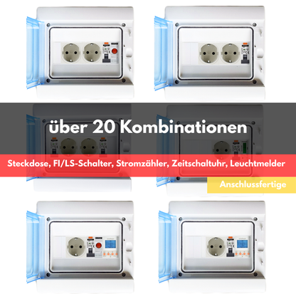 Steckdosen im IP65 Kleinverteiler mit Sicherungen (Steckdose, FI/LS-Schalter, Stromzähler, Zeitschaltuhr,  Astrozeitschaltuhr, Leuchtmelder)