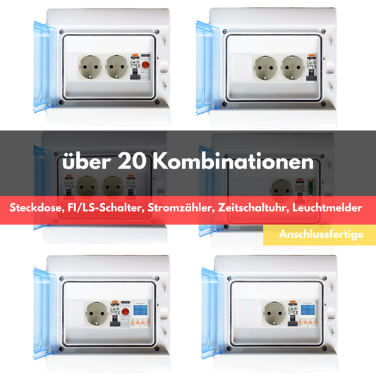Steckdosen im IP65 Kleinverteiler mit Sicherungen (Steckdose, FI/LS-Schalter, Stromzähler, Zeitschaltuhr,  Astrozeitschaltuhr, Leuchtmelder)