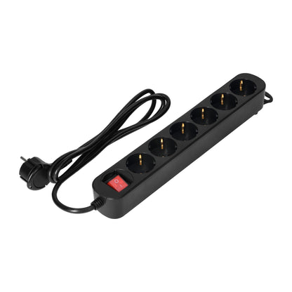 6 Verlängerungssteckdosen 2P+E (Schuko), mit Zentralschalter, 3m H05VV-F 3x1,0mm², Imax=10A,Flachstecker, schwarz
