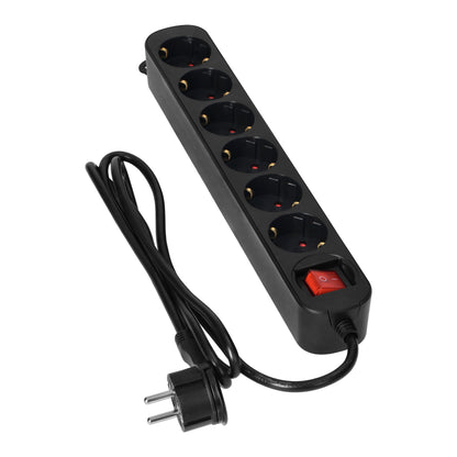 6 Verlängerungssteckdosen 2P+E (Schuko), mit Zentralschalter, 3m H05VV-F 3x1,0mm², Imax=10A,Flachstecker, schwarz