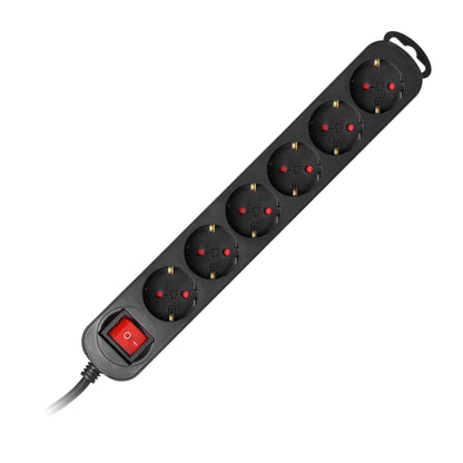 6 Verlängerungssteckdosen 2P+E (Schuko), mit Zentralschalter, 3m H05VV-F 3x1,0mm², Imax=10A,Flachstecker, schwarz