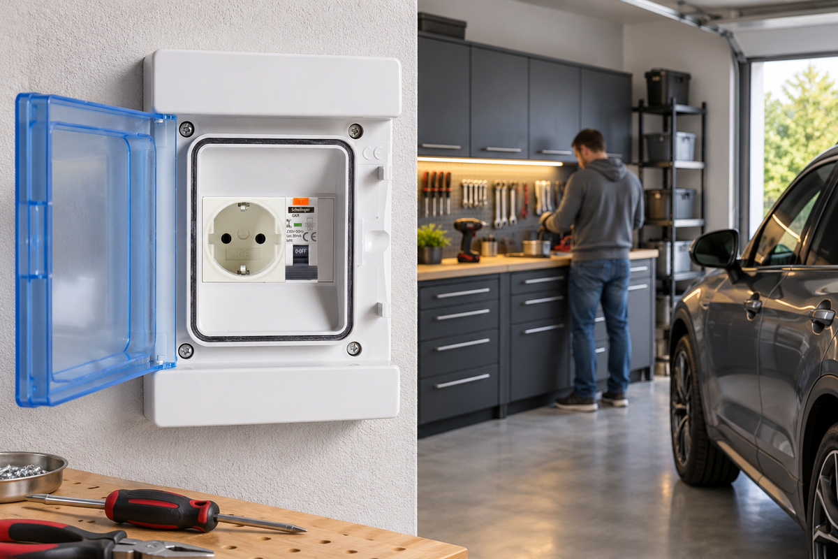 KS096 IP65 Sicherungskasten mit SCHUKO und FI/LS montiert in einer modernen Garage