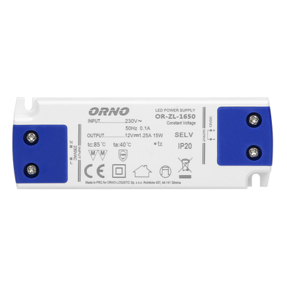 Flaches Netzteil für LED 12VDC 15W, IP20, Höhe 16,5mm