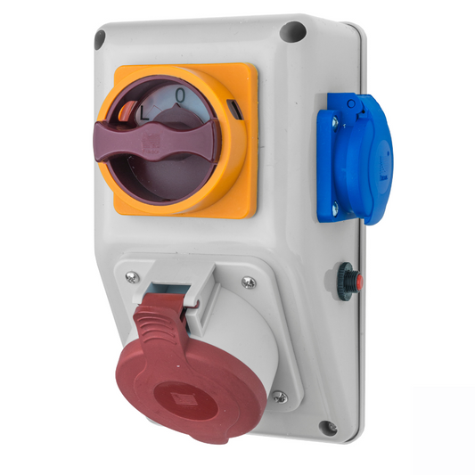 Baustromverteiler / Wandverteiler mit Hauptschalter 1 x CEE 32A + 1 x 230 V/16A verdrahtet, Thermoschalter