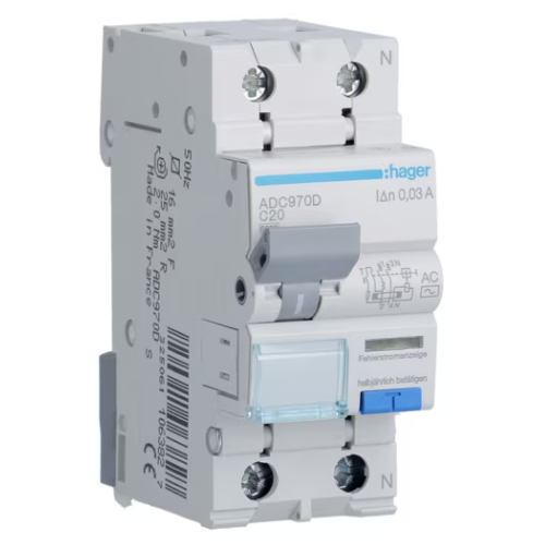 HAGER ADC970D Fehlerstrom-Leitungsschutzschalter 1P+N 6kA C-20A 30mA Typ A QuickConnect