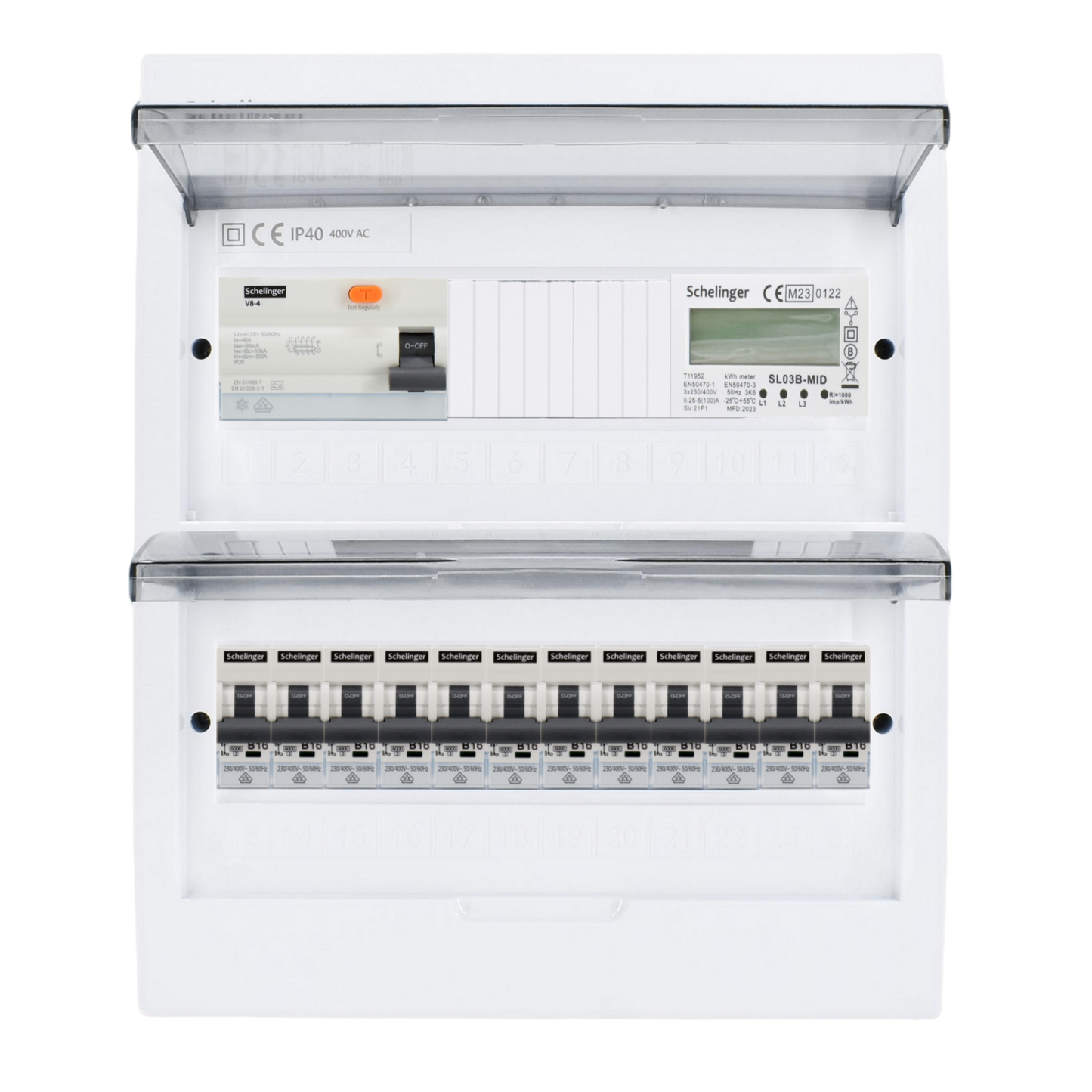 Sicherungskasten, 2,3,4,5 Reihig, Aufputz, Unterputz, Hohlwand, verdrahtet, VDE 1 x FI 40A/30mA + 12 x 1P LS B16