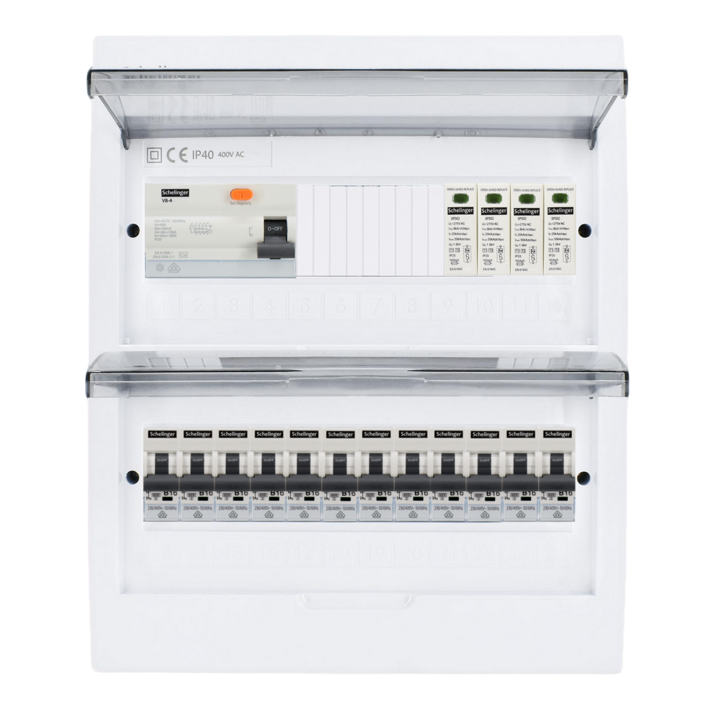 Sicherungskasten, 2,3,4,5 Reihig, Aufputz, Unterputz, Hohlwand, verdrahtet, VDE 1 x FI 40A/30mA + 12 x 1P LS B16