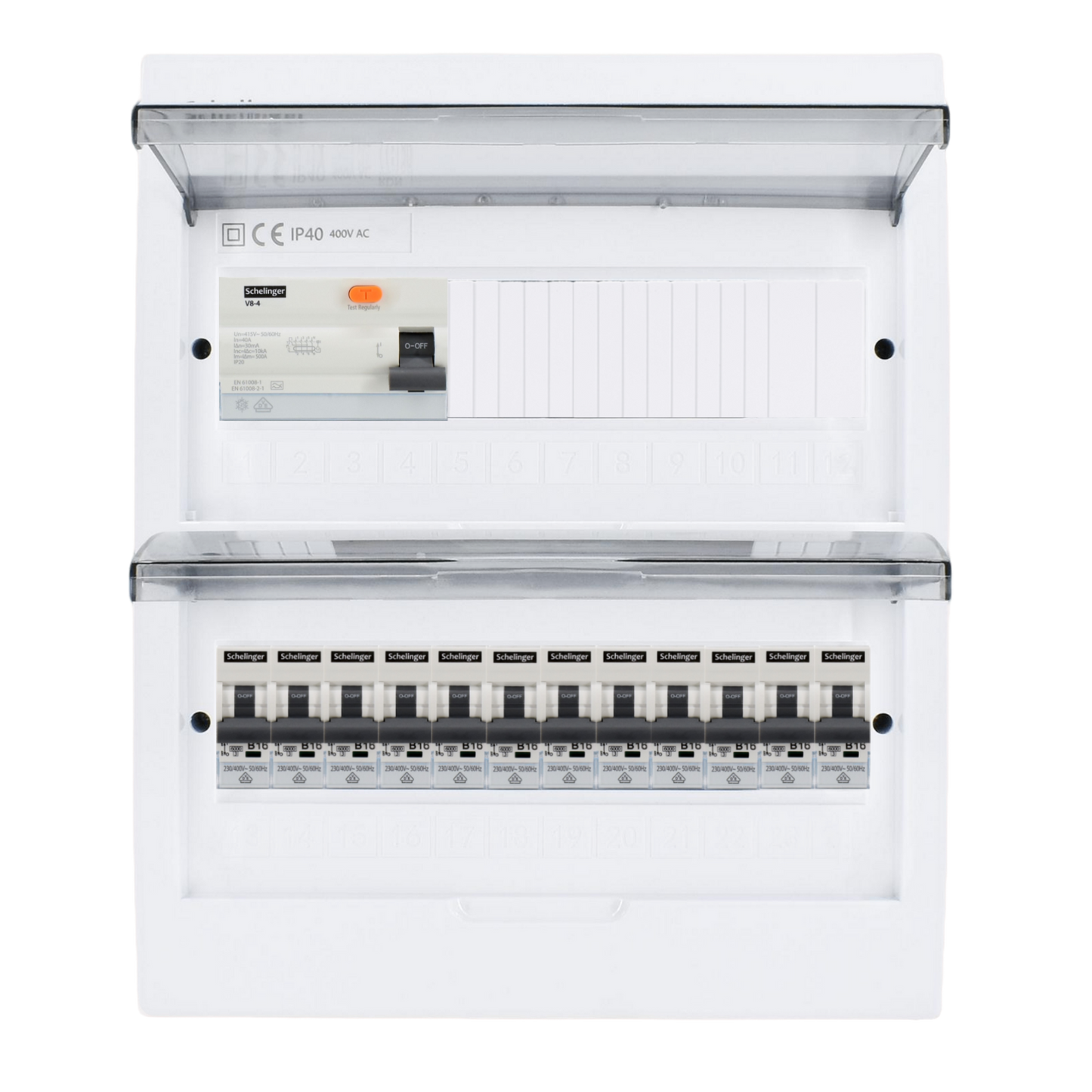 Sicherungskasten, 2,3,4,5 Reihig, Aufputz, Unterputz, Hohlwand, verdrahtet, VDE 1 x FI 40A/30mA + 12 x 1P LS B16