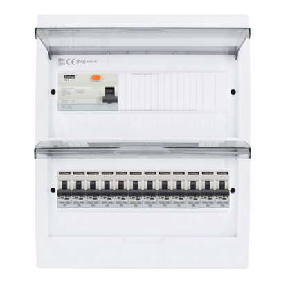 Sicherungskasten, 2,3,4,5 Reihig, Aufputz, Unterputz, Hohlwand, verdrahtet, VDE 1 x FI 40A/30mA + 12 x 1P LS B16