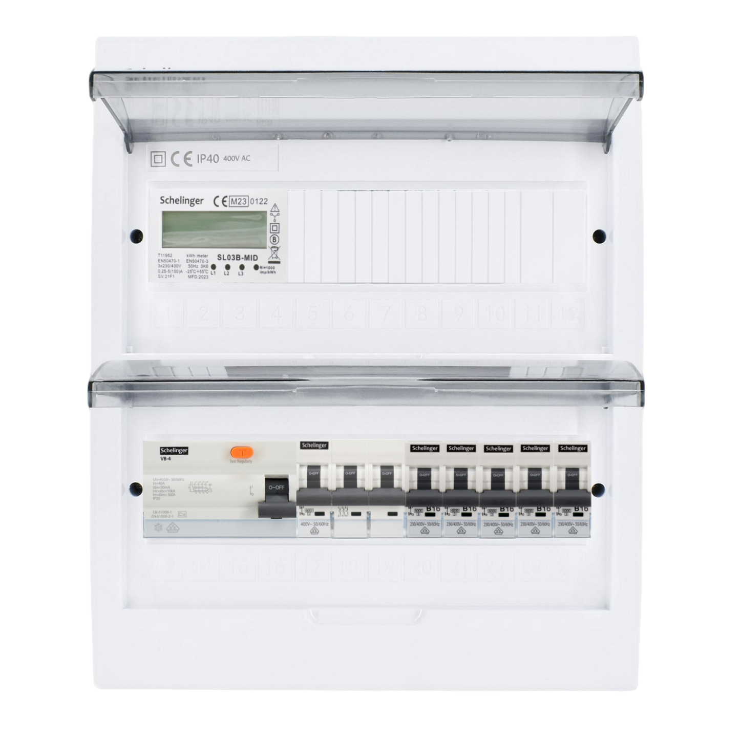 Sicherungskasten, 2,3,4,5 Reihig, Aufputz, Unterputz, Hohlwand, verdrahtet, VDE 1 x FI 40A/30mA + 1 x 3P LS B16 + 5 x 1P LS B16