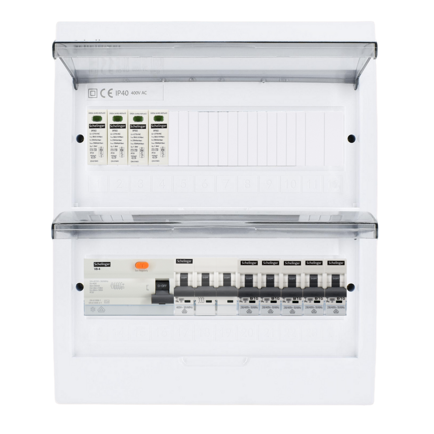 Sicherungskasten, 2,3,4,5 Reihig, Aufputz, Unterputz, Hohlwand, verdrahtet, VDE 1 x FI 40A/30mA + 1 x 3P LS B16 + 5 x 1P LS B16