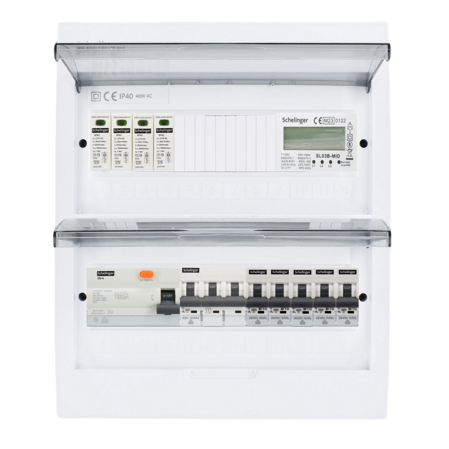 Sicherungskasten, 2,3,4,5 Reihig, Aufputz, Unterputz, Hohlwand, verdrahtet, VDE 1 x FI 40A/30mA + 1 x 3P LS B16 + 5 x 1P LS B16