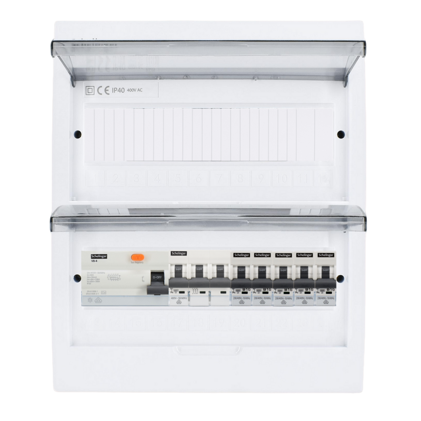 Sicherungskasten, 2,3,4,5 Reihig, Aufputz, Unterputz, Hohlwand, verdrahtet, VDE 1 x FI 40A/30mA + 1 x 3P LS B16 + 5 x 1P LS B16