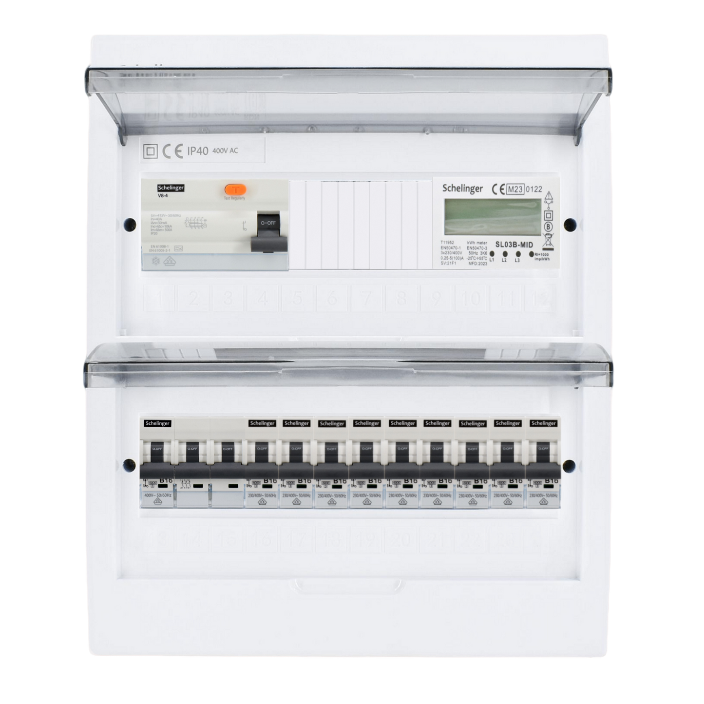 Sicherungskasten, 2,3,4,5 Reihig, Aufputz, Unterputz, Hohlwand, verdrahtet, VDE 1 x FI 40A/30mA + 1 x 3P LS B16  + 9 x 1P LS B16