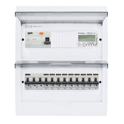 Sicherungskasten, 2,3,4,5 Reihig, Aufputz, Unterputz, Hohlwand, verdrahtet, VDE 1 x FI 40A/30mA + 1 x 3P LS B16  + 9 x 1P LS B16