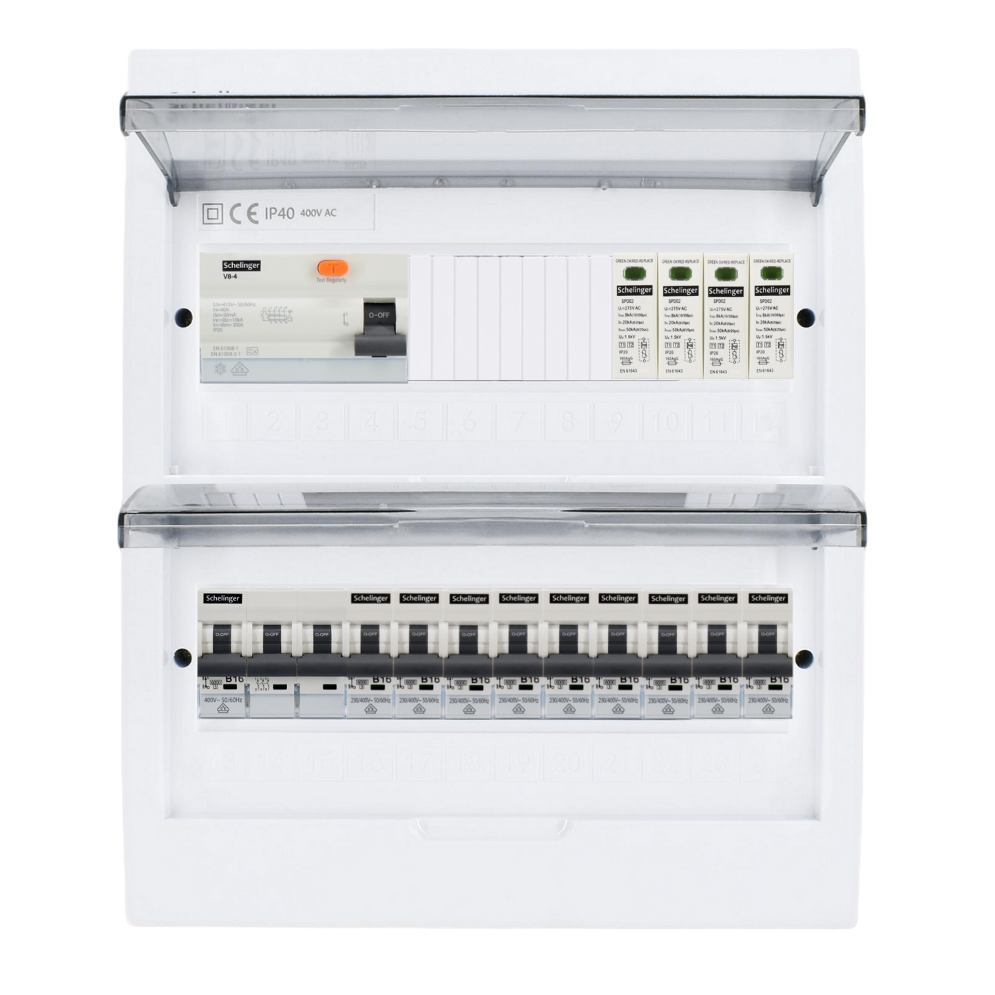 Sicherungskasten, 2,3,4,5 Reihig, Aufputz, Unterputz, Hohlwand, verdrahtet, VDE 1 x FI 40A/30mA + 1 x 3P LS B16  + 9 x 1P LS B16