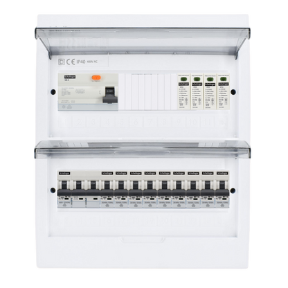 Sicherungskasten, 2,3,4,5 Reihig, Aufputz, Unterputz, Hohlwand, verdrahtet, VDE 1 x FI 40A/30mA + 1 x 3P LS B16  + 9 x 1P LS B16