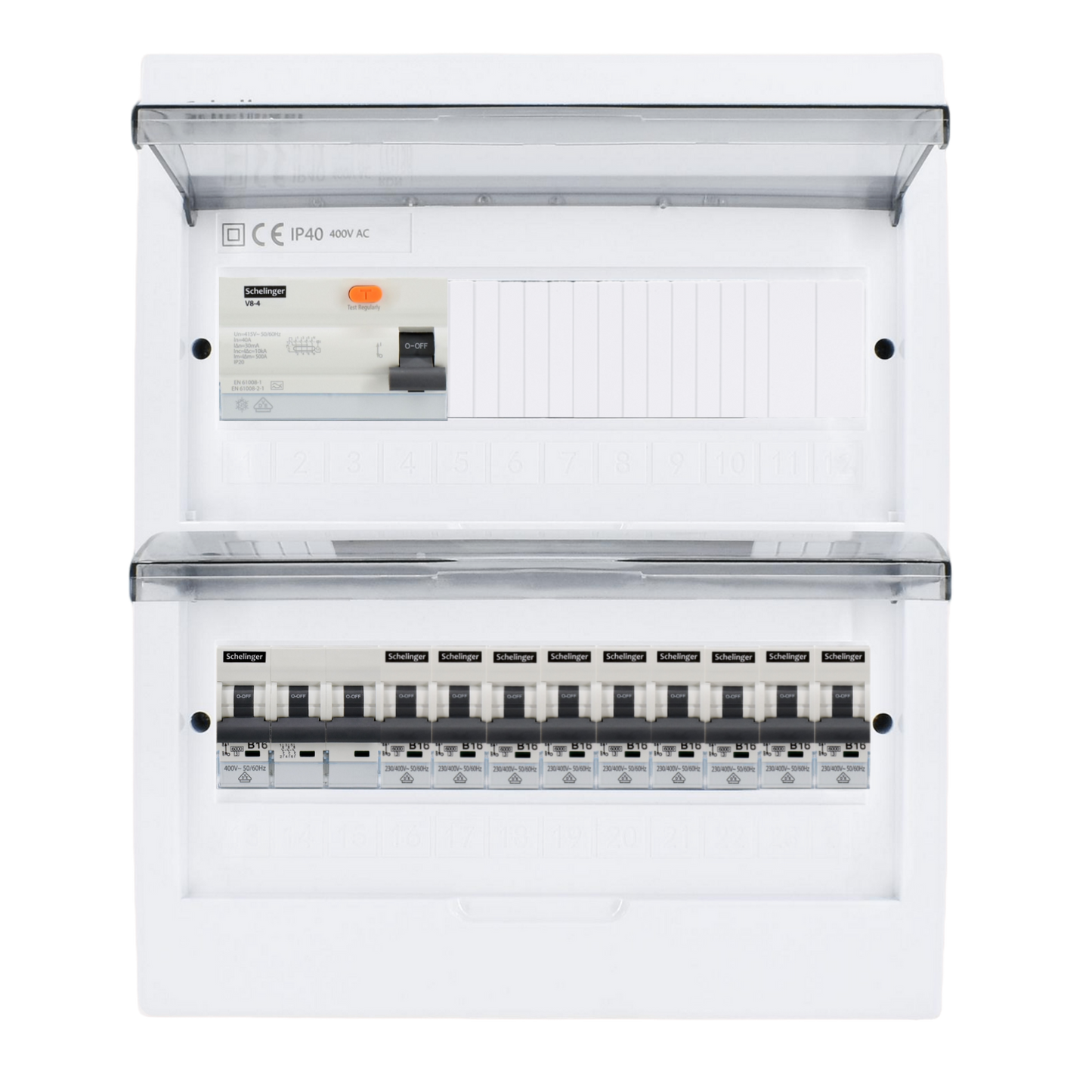 Sicherungskasten, 2,3,4,5 Reihig, Aufputz, Unterputz, Hohlwand, verdrahtet, VDE 1 x FI 40A/30mA + 1 x 3P LS B16  + 9 x 1P LS B16