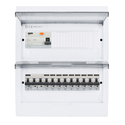 Sicherungskasten, 2,3,4,5 Reihig, Aufputz, Unterputz, Hohlwand, verdrahtet, VDE 1 x FI 40A/30mA + 1 x 3P LS B16  + 9 x 1P LS B16