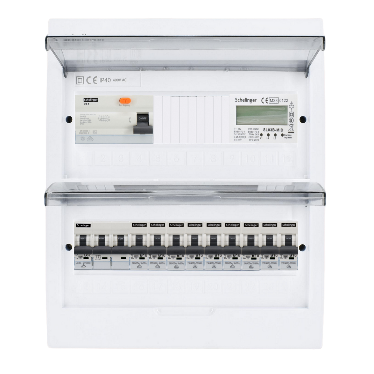 Sicherungskasten, 2,3,4,5 Reihig, Aufputz, Unterputz, Hohlwand, verdrahtet, VDE 1 x FI 40A/30mA + 1 x 3P LS B32  + 9 x 1P LS B16