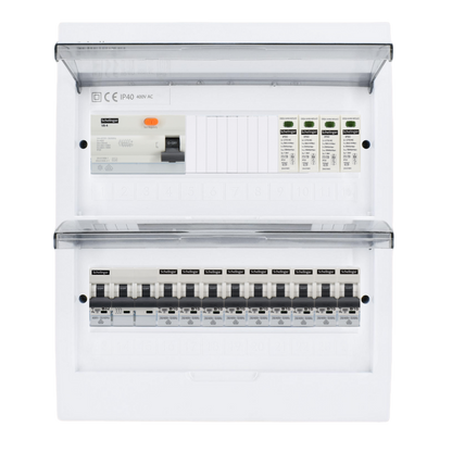 Sicherungskasten, 2,3,4,5 Reihig, Aufputz, Unterputz, Hohlwand, verdrahtet, VDE 1 x FI 40A/30mA + 1 x 3P LS B32  + 9 x 1P LS B16