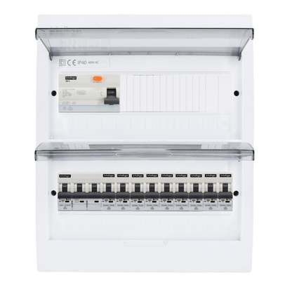 Sicherungskasten, 2,3,4,5 Reihig, Aufputz, Unterputz, Hohlwand, verdrahtet, VDE 1 x FI 40A/30mA + 1 x 3P LS B32  + 9 x 1P LS B16