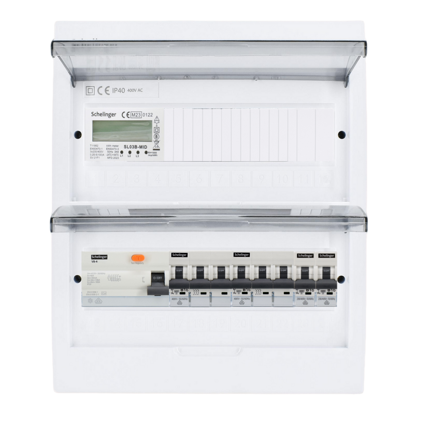 Sicherungskasten, 2,3,4,5 Reihig, Aufputz, Unterputz, Hohlwand, verdrahtet, VDE 1 x FI 40A/30mA + 2 x 3P LS B16 + 2 x 1P LS B16