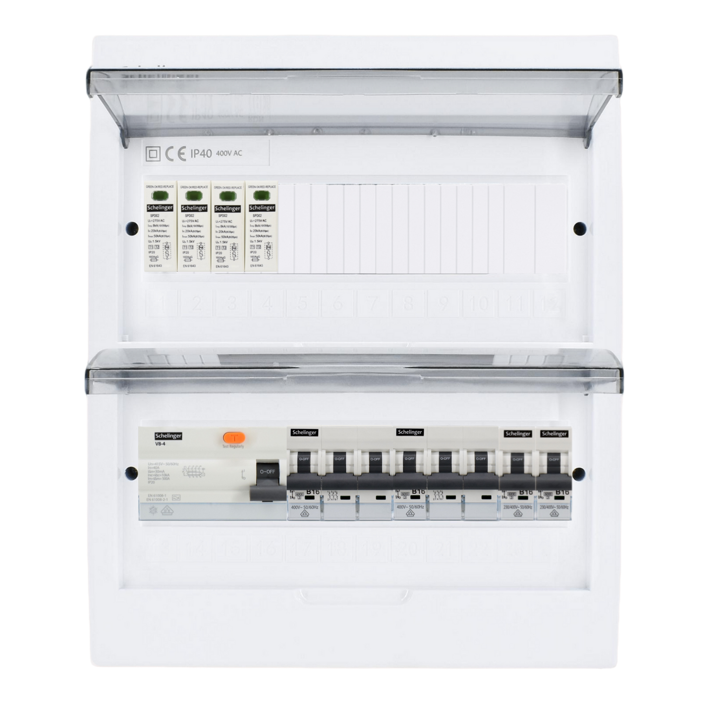 Sicherungskasten, 2,3,4,5 Reihig, Aufputz, Unterputz, Hohlwand, verdrahtet, VDE 1 x FI 40A/30mA + 2 x 3P LS B16 + 2 x 1P LS B16