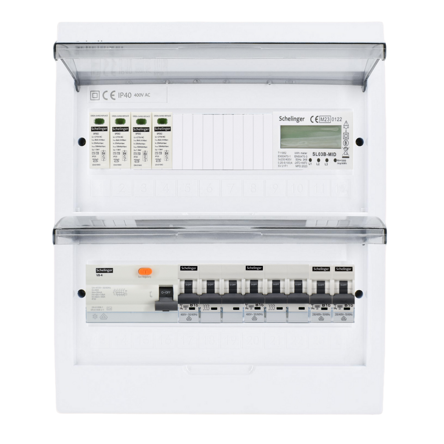 Sicherungskasten, 2,3,4,5 Reihig, Aufputz, Unterputz, Hohlwand, verdrahtet, VDE 1 x FI 40A/30mA + 2 x 3P LS B16 + 2 x 1P LS B16