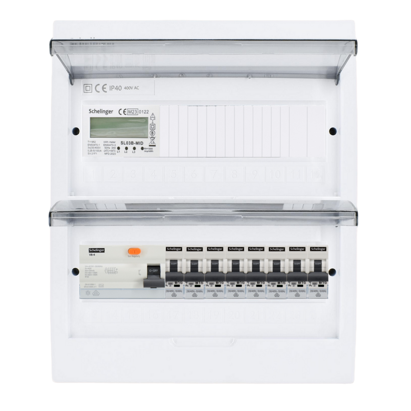 Sicherungskasten, 2,3,4,5 Reihig, Aufputz, Unterputz, Hohlwand, verdrahtet, VDE 1 x FI 40A/30mA + 8 x 1P LS B16