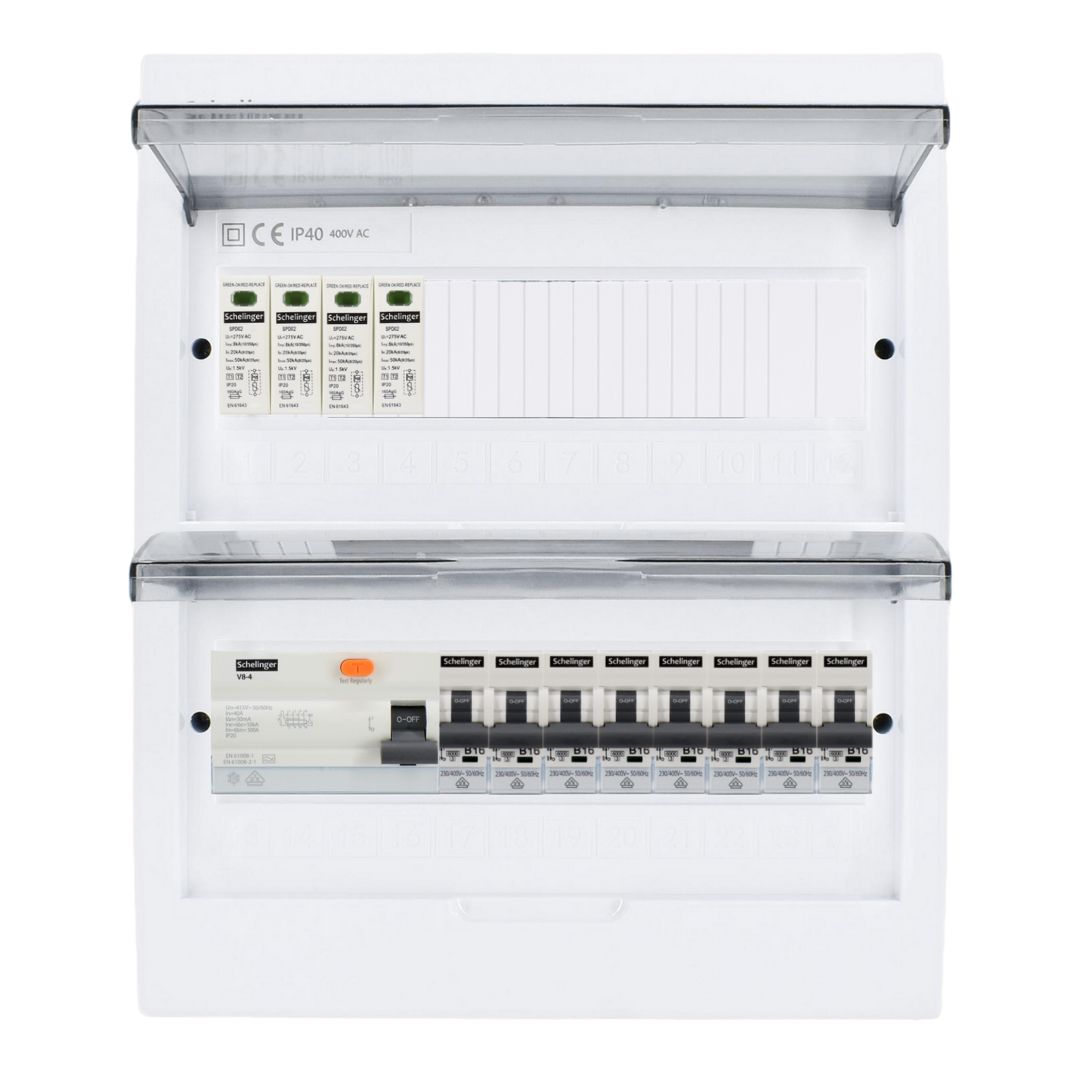 Sicherungskasten, 2,3,4,5 Reihig, Aufputz, Unterputz, Hohlwand, verdrahtet, VDE 1 x FI 40A/30mA + 8 x 1P LS B16