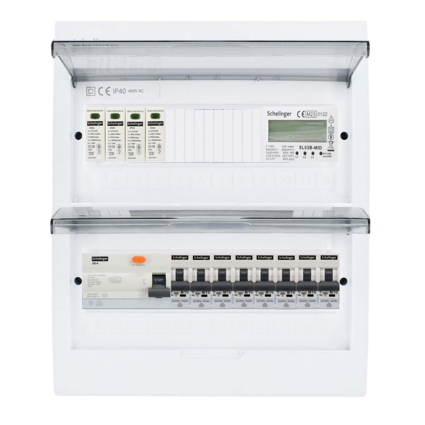 Sicherungskasten, 2,3,4,5 Reihig, Aufputz, Unterputz, Hohlwand, verdrahtet, VDE 1 x FI 40A/30mA + 8 x 1P LS B16