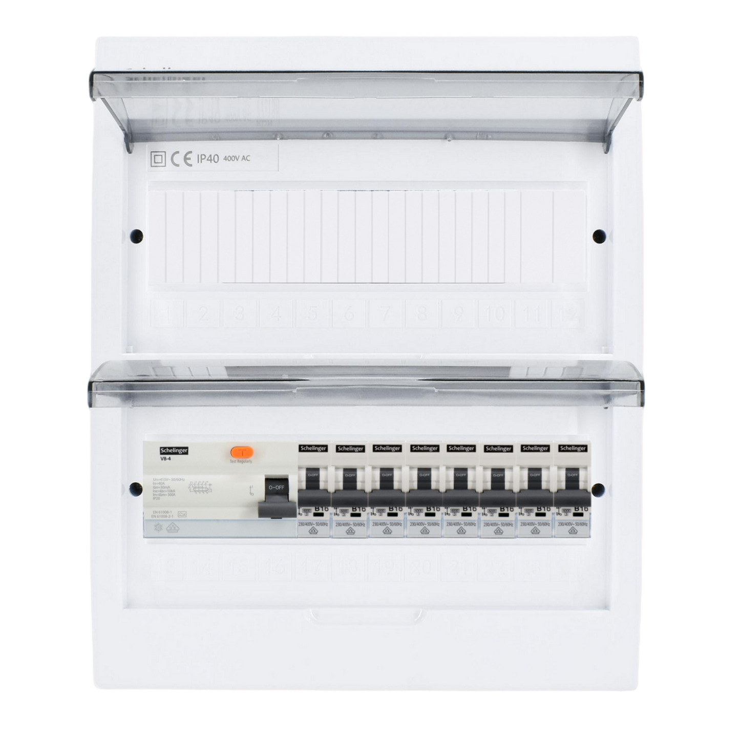 Sicherungskasten, 2,3,4,5 Reihig, Aufputz, Unterputz, Hohlwand, verdrahtet, VDE 1 x FI 40A/30mA + 8 x 1P LS B16