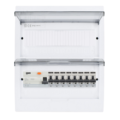 Sicherungskasten, 2,3,4,5 Reihig, Aufputz, Unterputz, Hohlwand, verdrahtet, VDE 1 x FI 40A/30mA + 8 x 1P LS B16