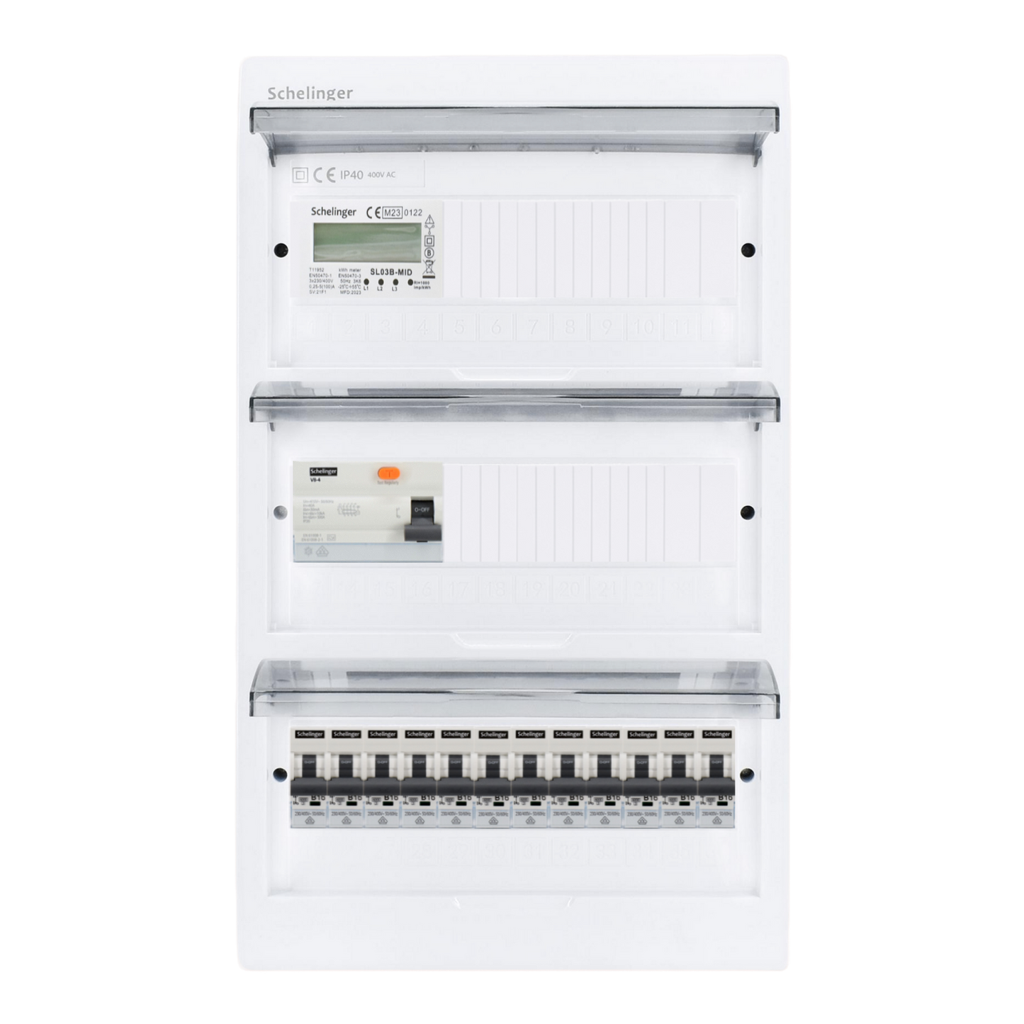 Sicherungskasten, 2,3,4,5 Reihig, Aufputz, Unterputz, Hohlwand, verdrahtet, VDE 1 x FI 40A/30mA + 12 x 1P LS B16