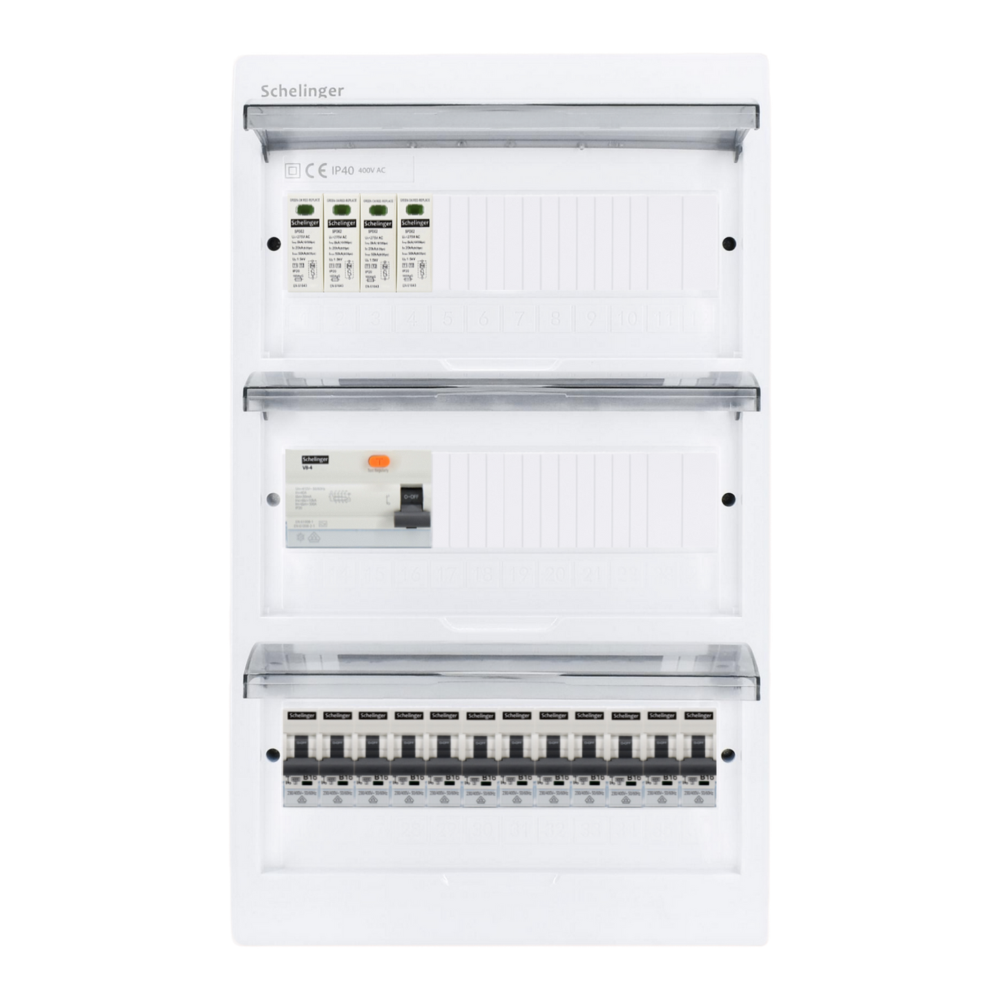 Sicherungskasten, 2,3,4,5 Reihig, Aufputz, Unterputz, Hohlwand, verdrahtet, VDE 1 x FI 40A/30mA + 12 x 1P LS B16