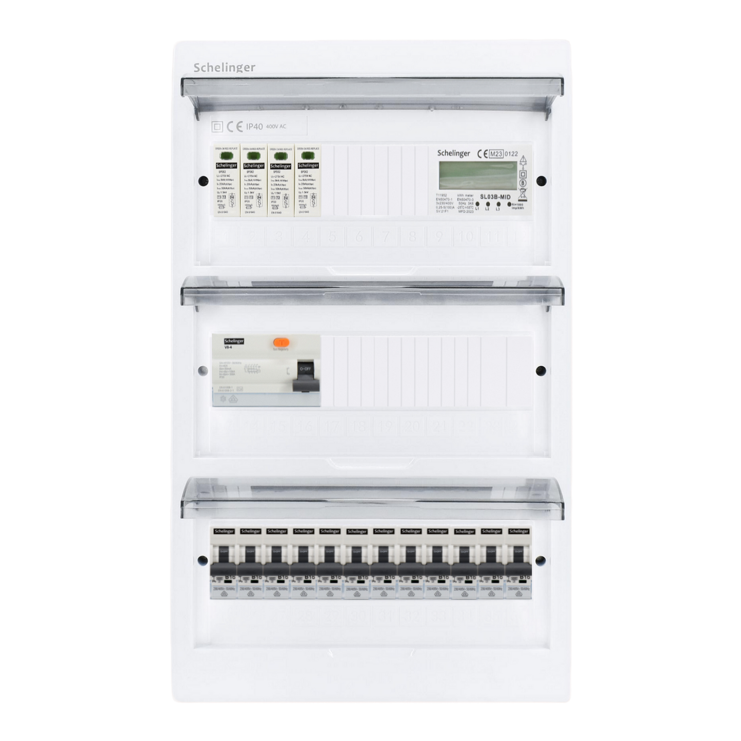 Sicherungskasten, 2,3,4,5 Reihig, Aufputz, Unterputz, Hohlwand, verdrahtet, VDE 1 x FI 40A/30mA + 12 x 1P LS B16