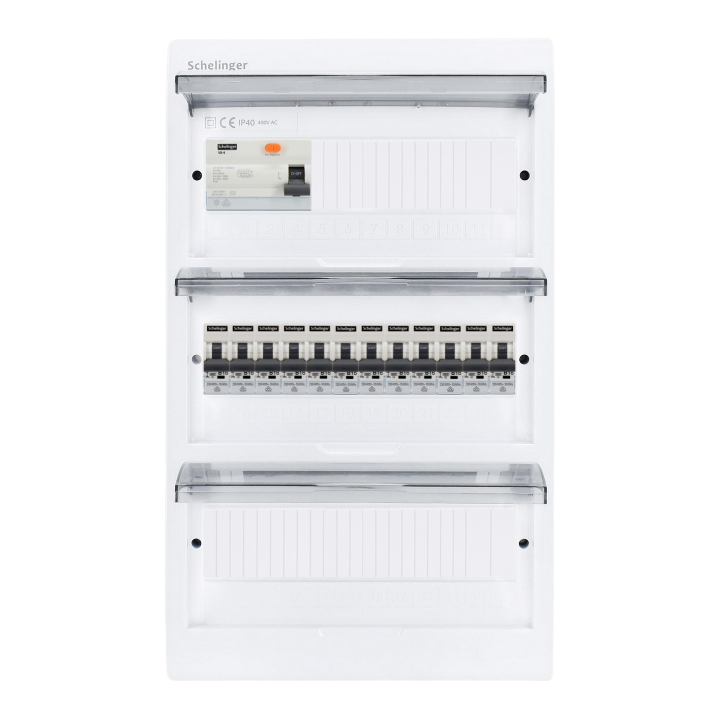 Sicherungskasten, 2,3,4,5 Reihig, Aufputz, Unterputz, Hohlwand, verdrahtet, VDE 1 x FI 40A/30mA + 12 x 1P LS B16