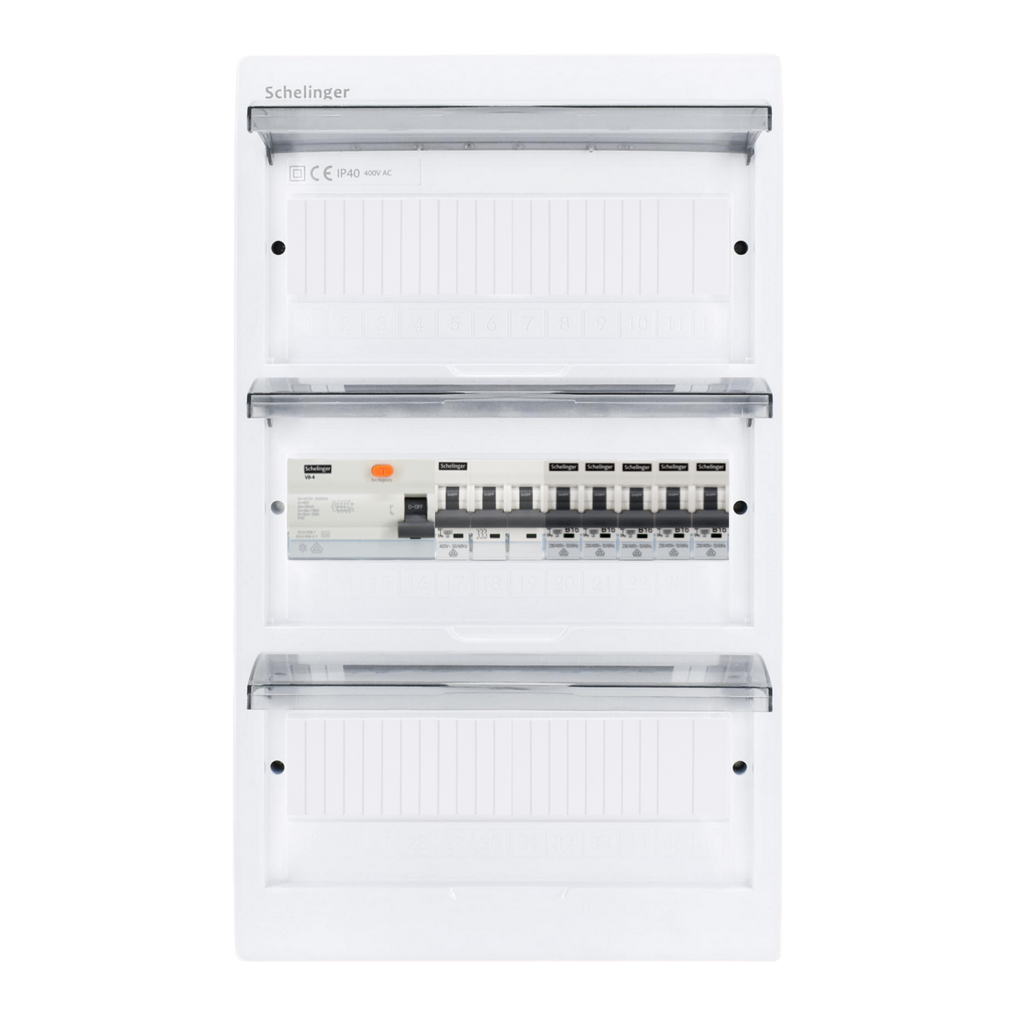 Sicherungskasten, 2,3,4,5 Reihig, Aufputz, Unterputz, Hohlwand, verdrahtet, VDE 1 x FI 40A/30mA + 1 x 3P LS B16 + 5 x 1P LS B16