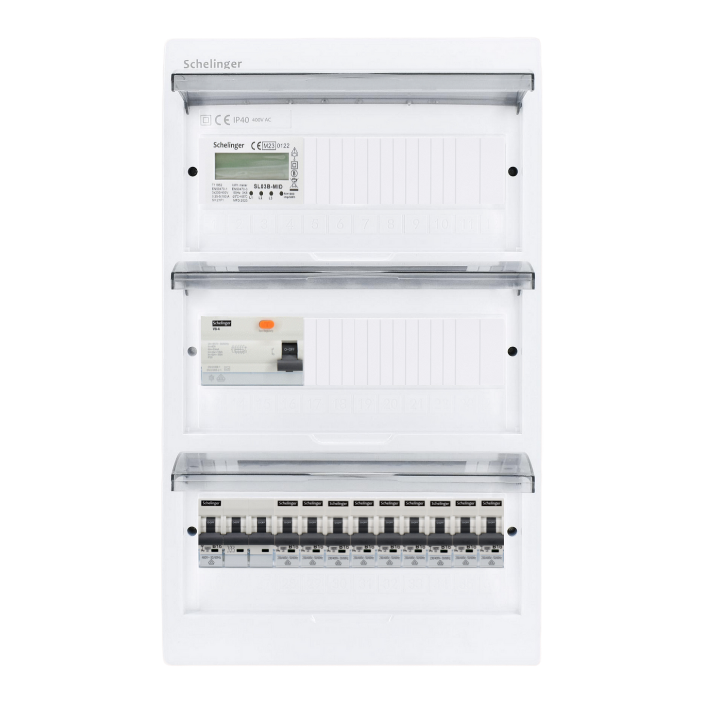 Sicherungskasten, 2,3,4,5 Reihig, Aufputz, Unterputz, Hohlwand, verdrahtet, VDE 1 x FI 40A/30mA + 1 x 3P LS B16  + 9 x 1P LS B16