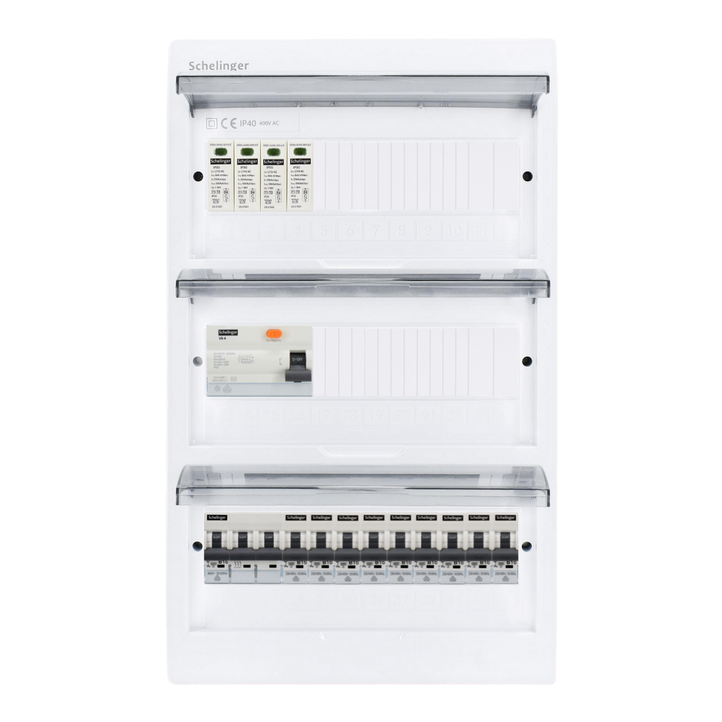 Sicherungskasten, 2,3,4,5 Reihig, Aufputz, Unterputz, Hohlwand, verdrahtet, VDE 1 x FI 40A/30mA + 1 x 3P LS B16  + 9 x 1P LS B16
