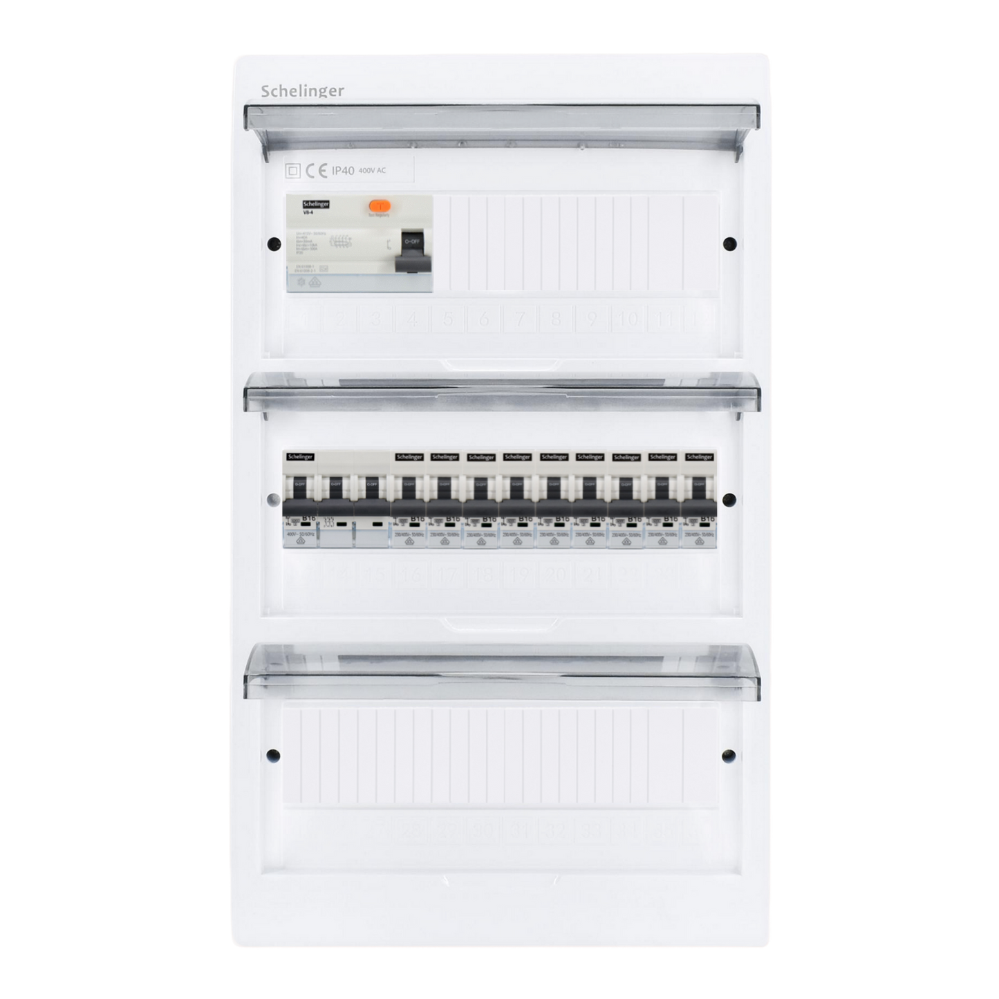 Sicherungskasten, 2,3,4,5 Reihig, Aufputz, Unterputz, Hohlwand, verdrahtet, VDE 1 x FI 40A/30mA + 1 x 3P LS B16  + 9 x 1P LS B16