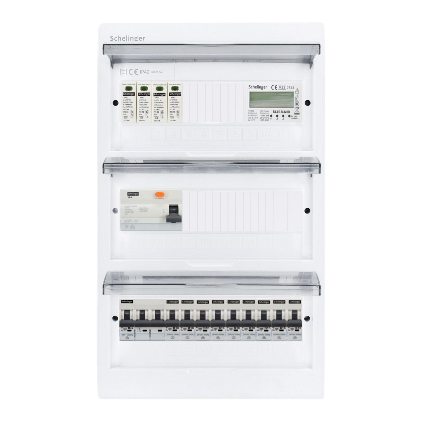 Sicherungskasten, 2,3,4,5 Reihig, Aufputz, Unterputz, Hohlwand, verdrahtet, VDE 1 x FI 40A/30mA + 1 x 3P LS B32  + 9 x 1P LS B16
