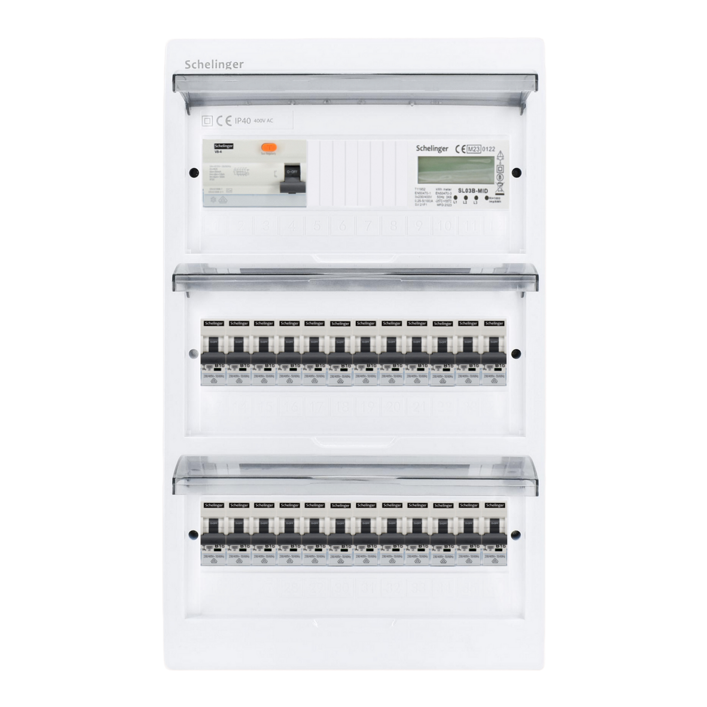 Sicherungskasten,3,4,5 Reihig, Aufputz, Unterputz, Hohlwand, verdrahtet, VDE 1 x FI 40A/30mA + 24 x 1P LS B16