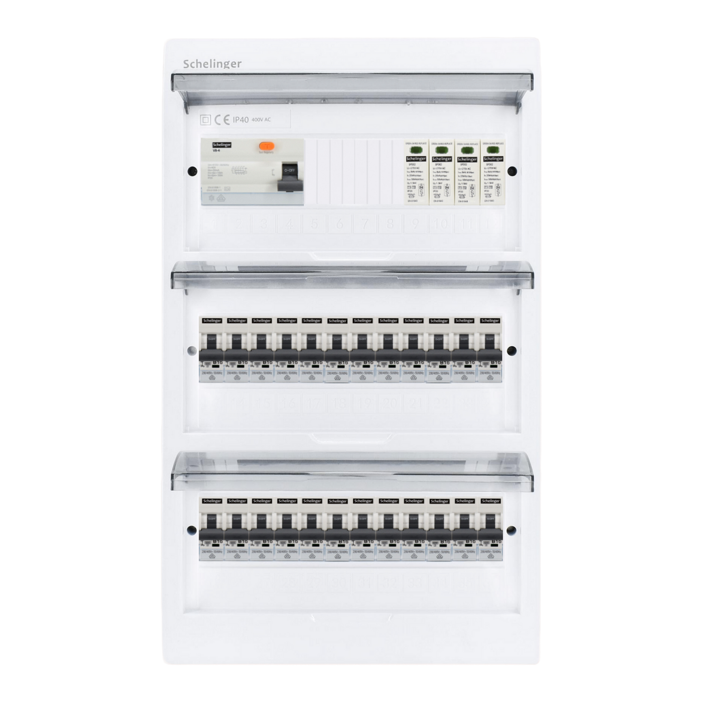 Sicherungskasten,3,4,5 Reihig, Aufputz, Unterputz, Hohlwand, verdrahtet, VDE 1 x FI 40A/30mA + 24 x 1P LS B16